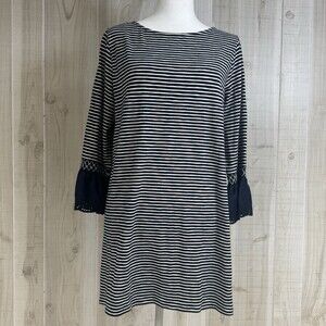 J Jill Tunic Top Black White Striped Bell 3/4 Sleeves Eyelet Minimalist Tunic M